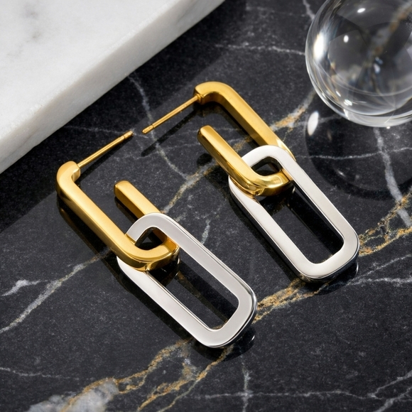 Minimalist Chic Two Tone C Hoop Earrings 18K Gold Plated Stainless Steel - Picture 14 of 14